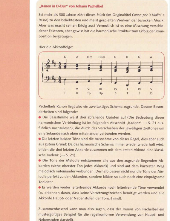 Notenausschnitt mit Akkordfolge aus Pachelbels Kanon in D-Dur